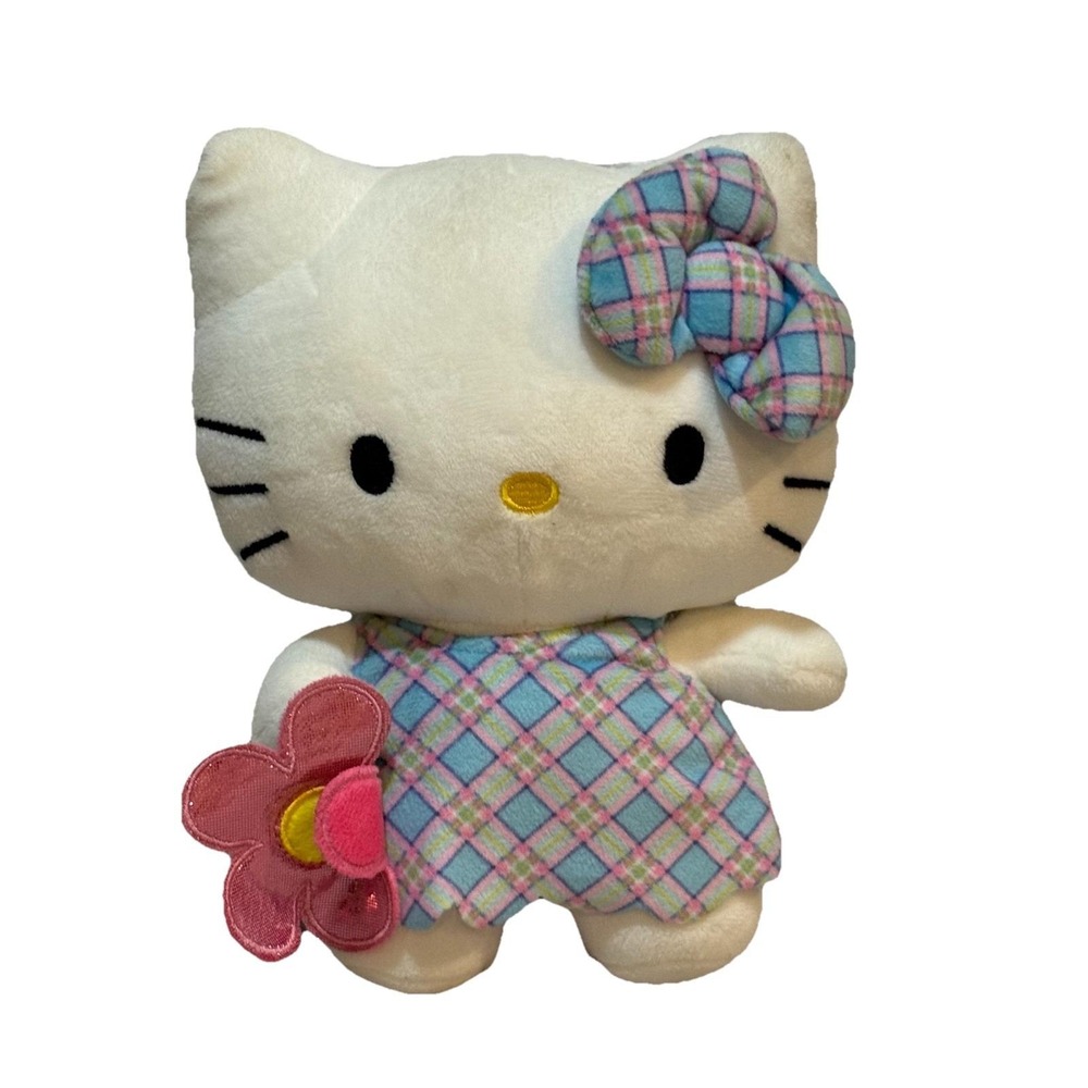 2024 Sanrio Hello Kitty Plush Easter/plaid Dress Pink Flower 10 In.‎ Need Clean